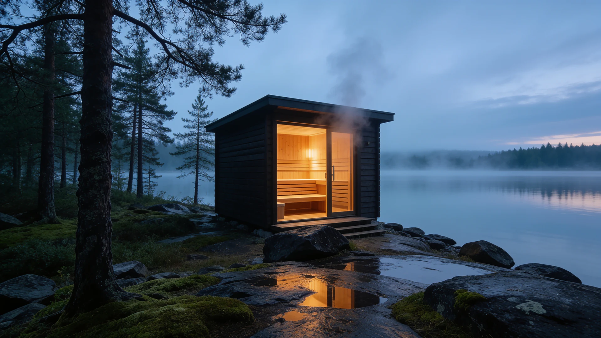 Тёплый свет Forest Cabin вечером