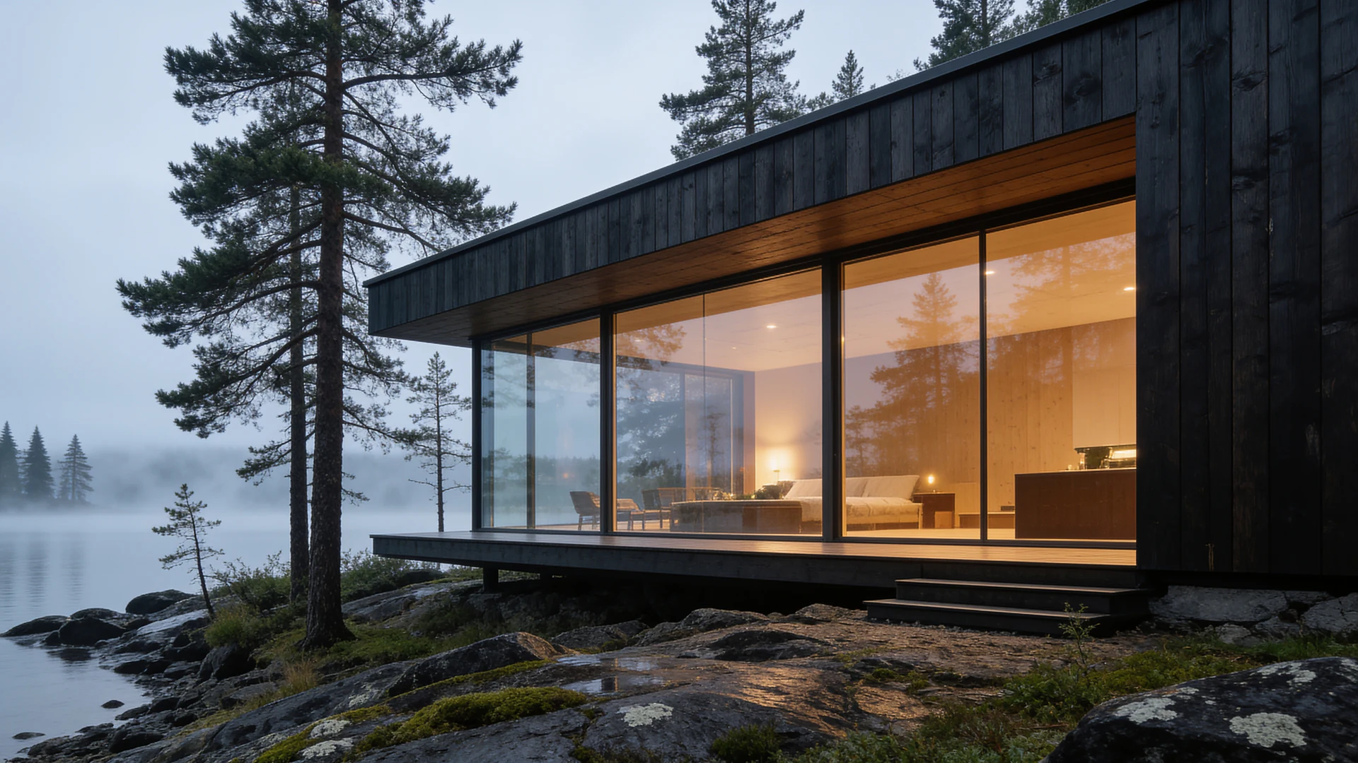 Архитектурный вариант Forest Cabin из тёмного дерева среди сосен